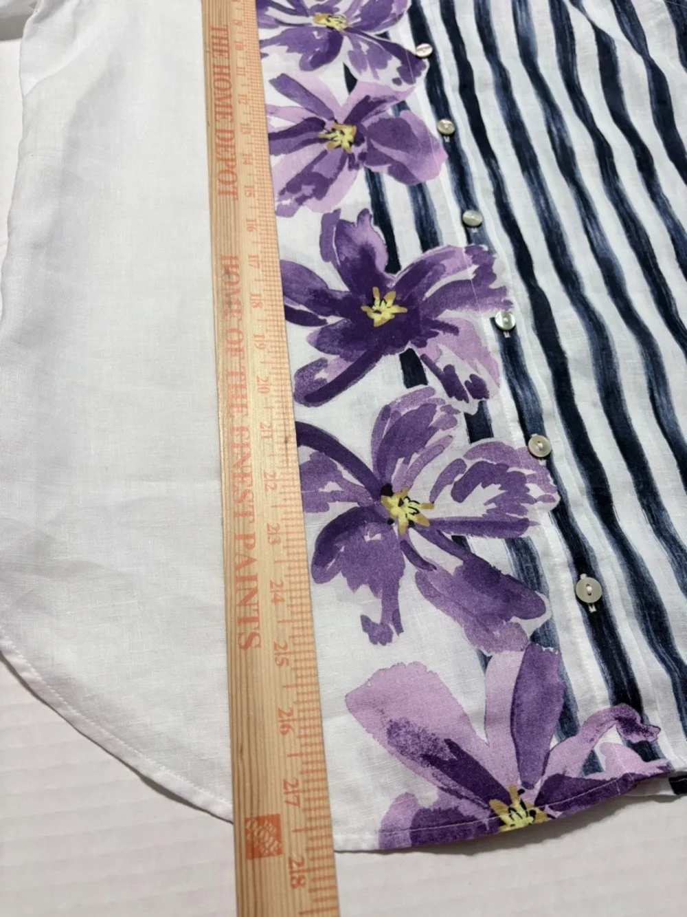 Chico’s Button-Down Linen Shirt with Purple Floral & Navy Stripe Roll Tab Sleeve - Picture 13 of 15